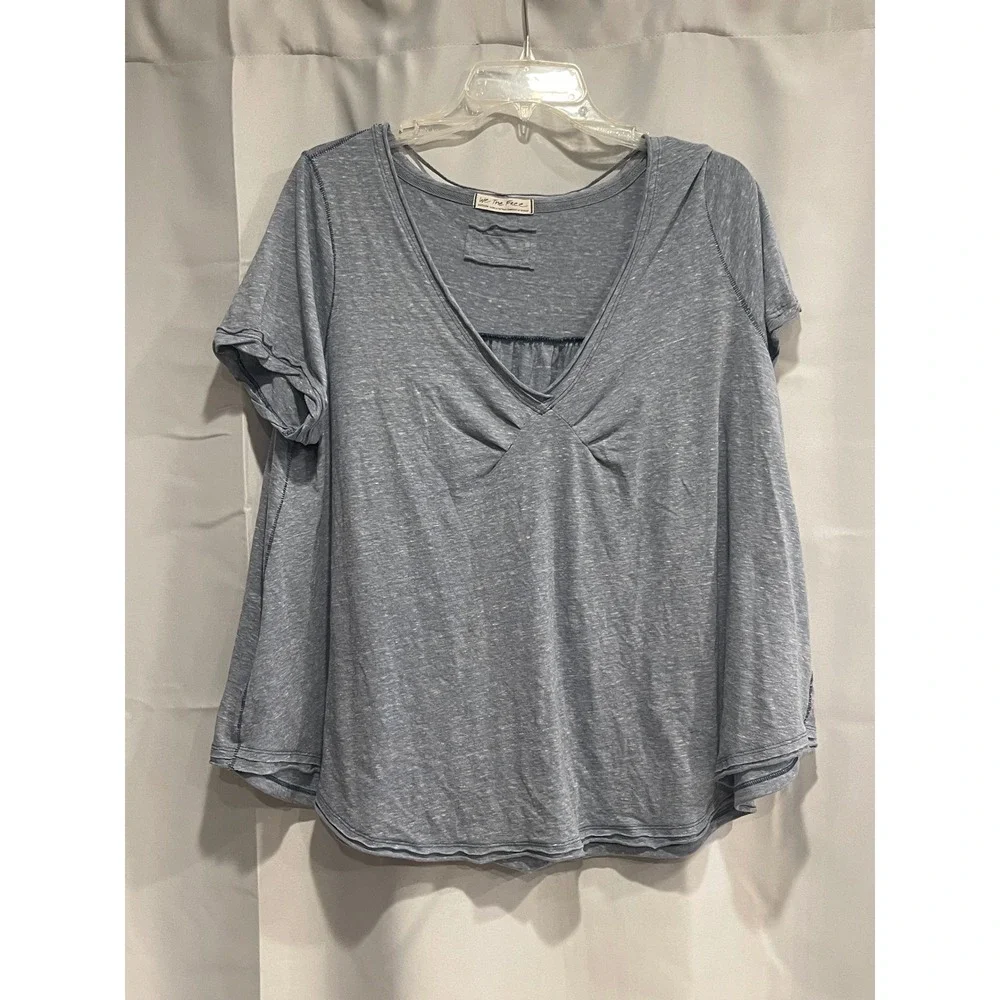 We The Free Free People Blue Space Dye V-Neck Babydoll T-Shirt Medium Boho Slub